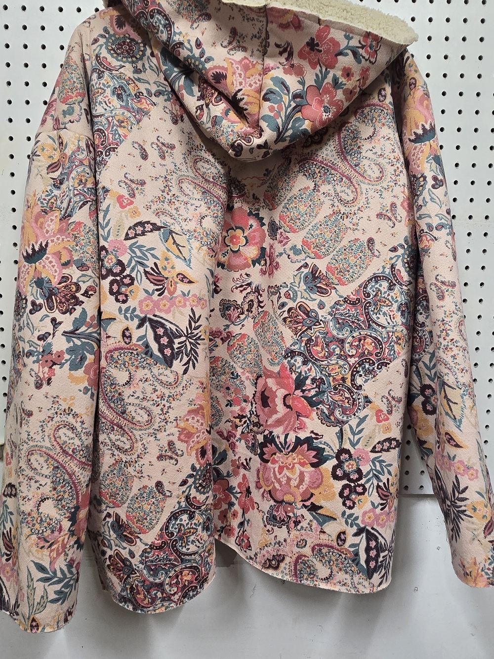 Paisley Floral Hooded Sherpa Jacket in Blush Pink with Pockets Cozy Warm Unique